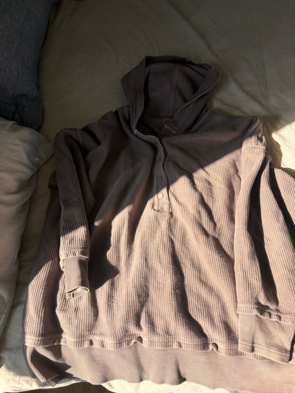 aerie Brown Ribbed Hooded Henley Sweatshirt